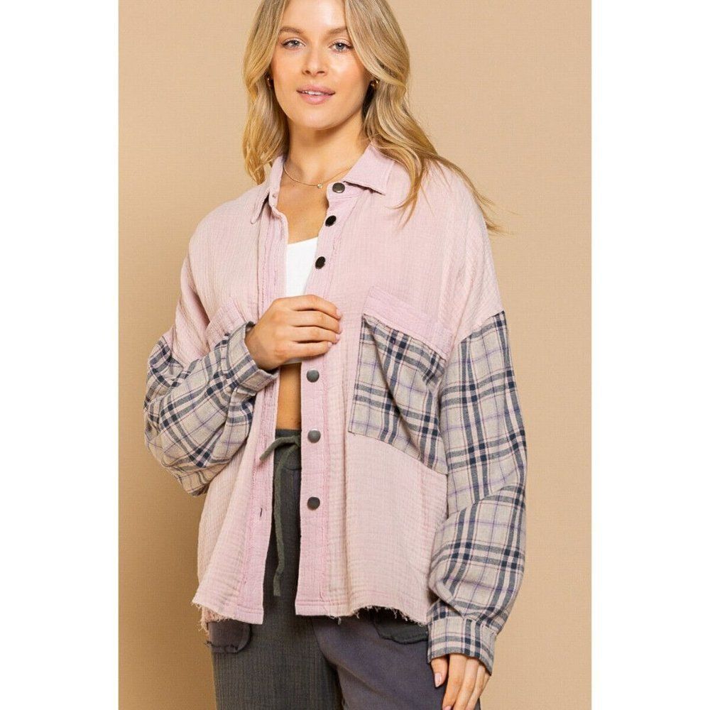 SALE! POL Clothing Long Sleeve Relaxed Fit Shacket Plaid Women's Mauve YKT19A
